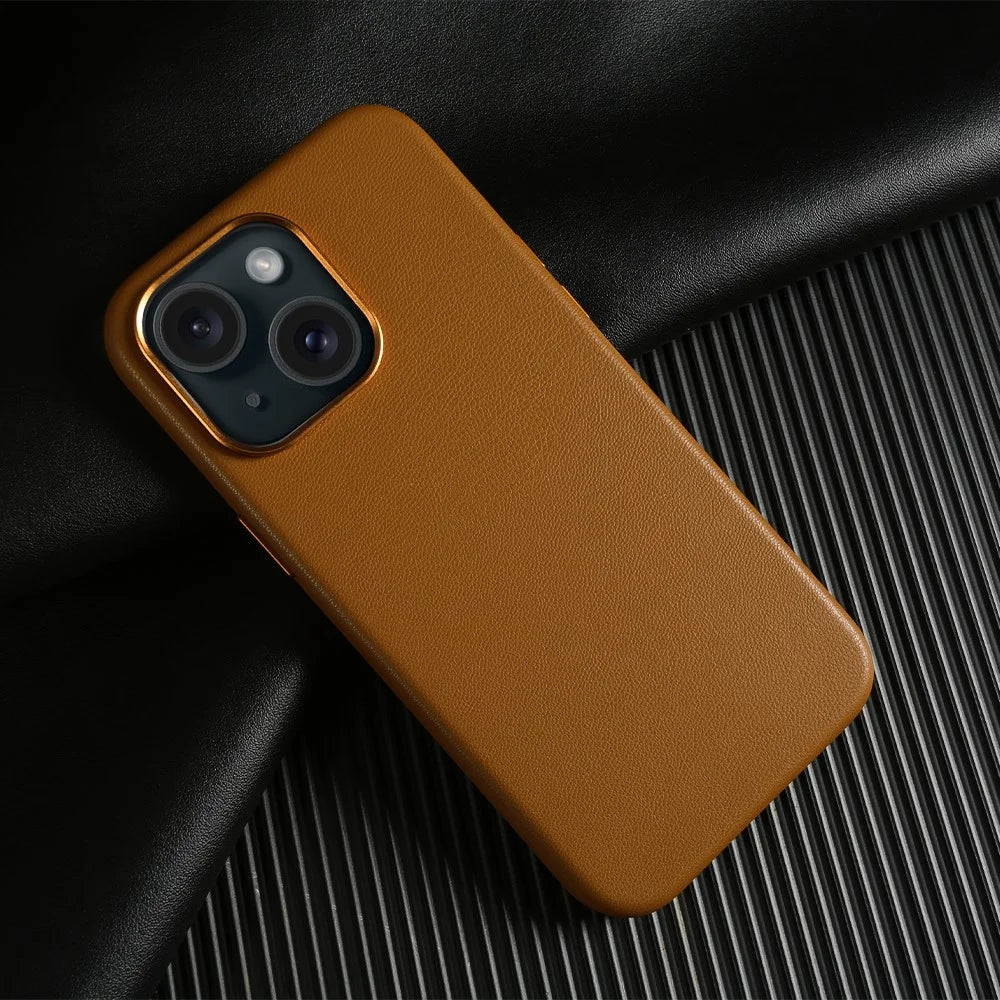 For iPhone 14 Magnetic Case Eco-Friendly RPET Leather Phone Back Cover GRS Certified - Light Brown - 3