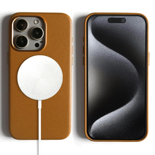 For iPhone 15 Pro Magnetic Case Eco-Friendly RPET Leather Phone Back Cover GRS Certified - Light Brown - 1