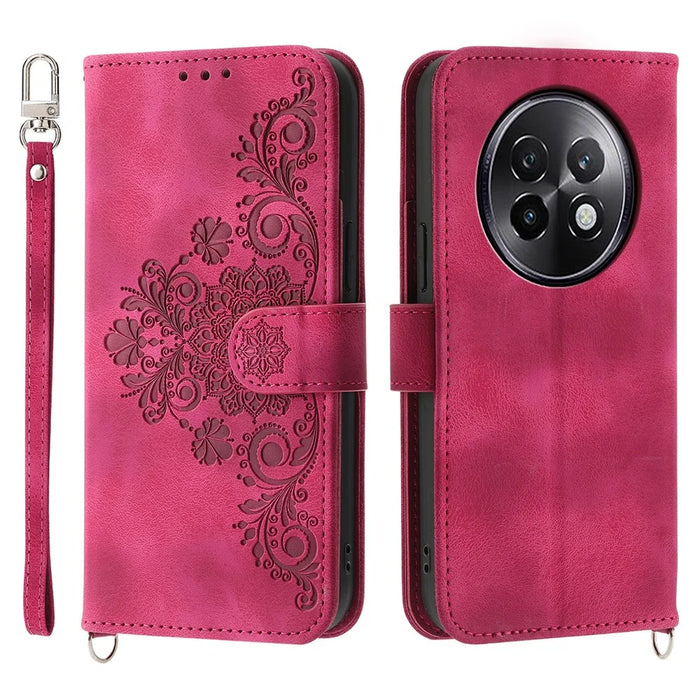 For Realme 13+ 5G / 13 Pro 5G (China) Case Flower Pattern PU Leather Wallet Phone Cover with Strap - Wine Red - 1