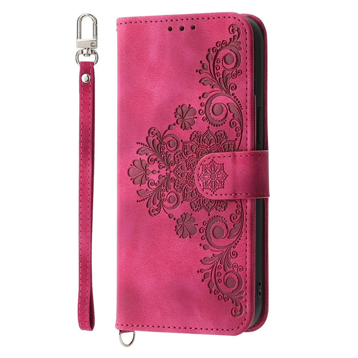 For Realme 13+ 5G / 13 Pro 5G (China) Case Flower Pattern PU Leather Wallet Phone Cover with Strap - Wine Red - 7