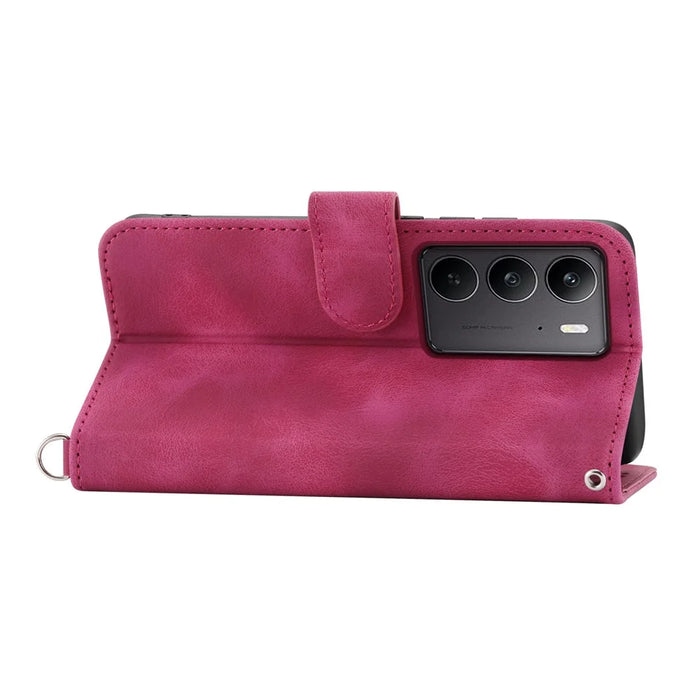 For Realme C75 4G / V60 Pro 5G Case Flower Pattern PU Leather Wallet Phone Cover with Strap - Wine Red - 3