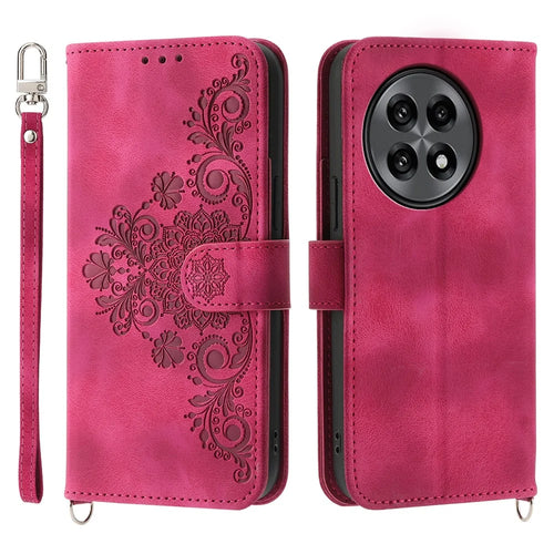 For OnePlus 13R 5G Case Flower Pattern PU Leather Wallet Phone Cover with Strap - Wine Red - 1