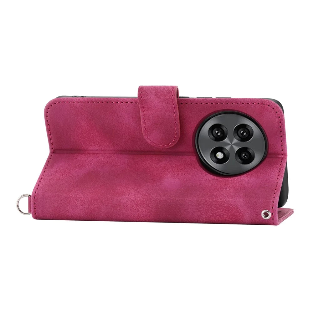 For OnePlus 13R 5G Case Flower Pattern PU Leather Wallet Phone Cover with Strap - Wine Red - 3