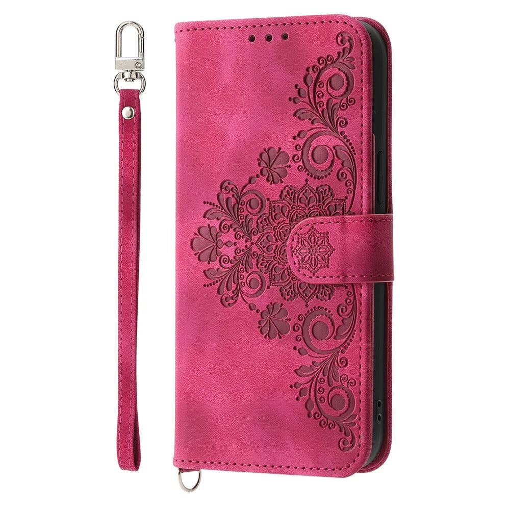 For OnePlus 13R 5G Case Flower Pattern PU Leather Wallet Phone Cover with Strap - Wine Red - 7