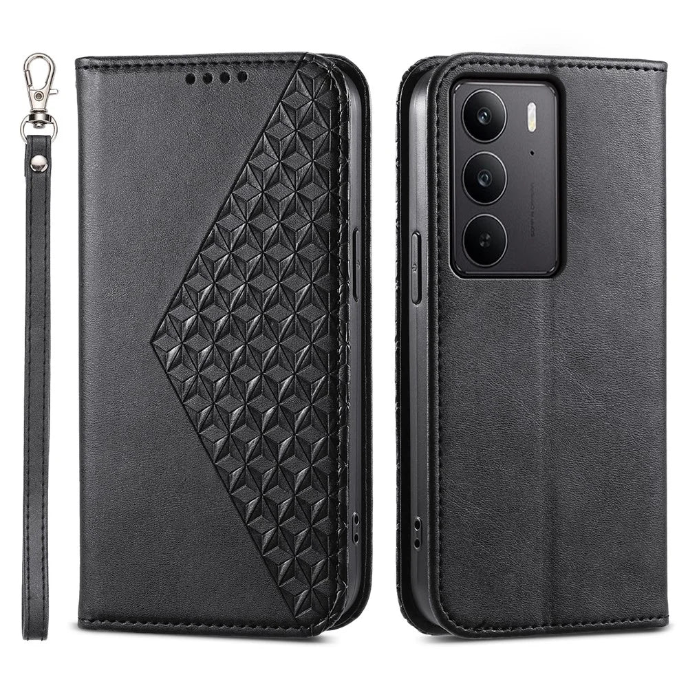 For Realme C75 4G / V60 Pro 5G Case Calf Texture PU Leather Phone Cover with Wallet - Black - 1