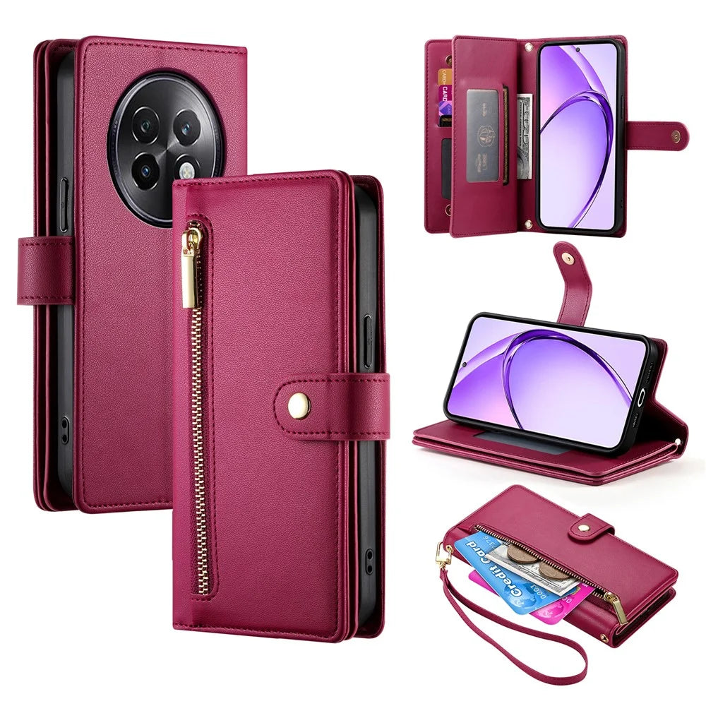 DF-011 For Realme 13+ 5G / 13 Pro 5G (China) Case Zipper Pocket Wallet Leather Phone Cover with Straps - Red - 1