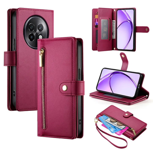 DF-011 For Realme 13+ 5G / 13 Pro 5G (China) Case Zipper Pocket Wallet Leather Phone Cover with Straps - Red - 1