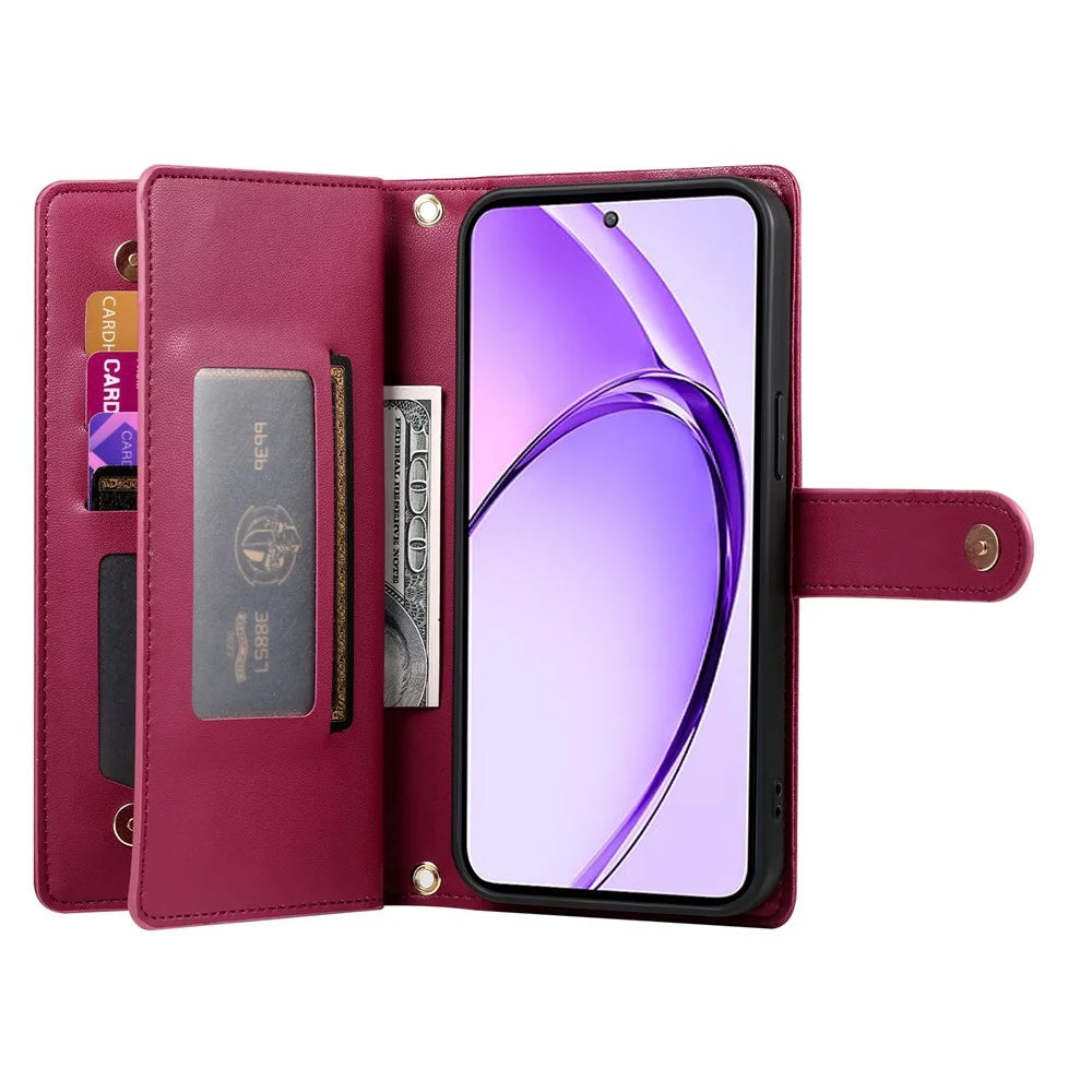 DF-011 For Realme 13+ 5G / 13 Pro 5G (China) Case Zipper Pocket Wallet Leather Phone Cover with Straps - Red - 2