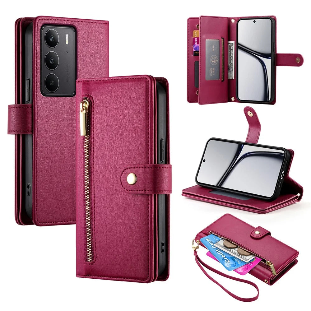 DF-011 For Realme V60 Pro 5G / C75 4G Case Zipper Pocket Wallet Leather Phone Cover with Straps - Red - 1