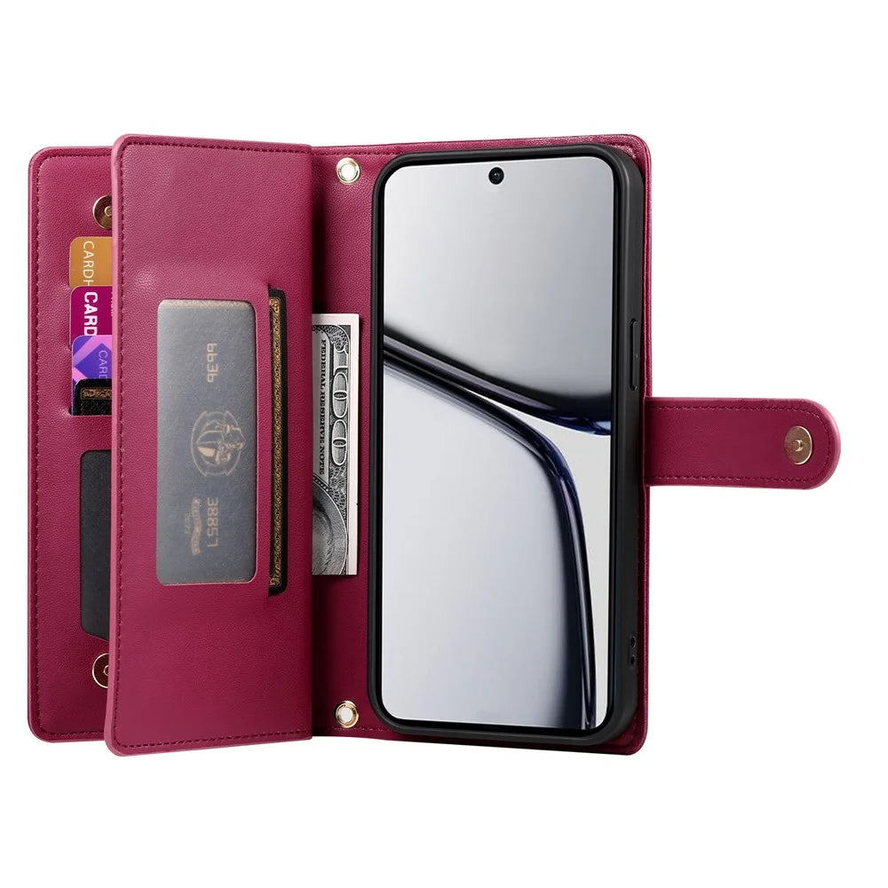 DF-011 For Realme V60 Pro 5G / C75 4G Case Zipper Pocket Wallet Leather Phone Cover with Straps - Red - 2