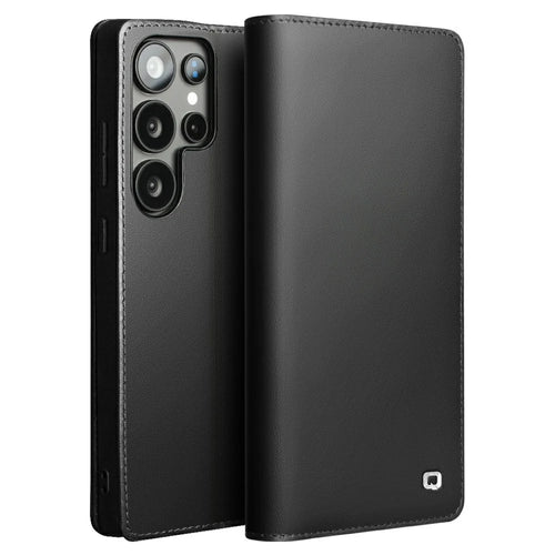 QIALINO For Samsung Galaxy S25 Ultra Case Wallet Flip Stand Phone Cover Genuine Cow Leather - Black - 1