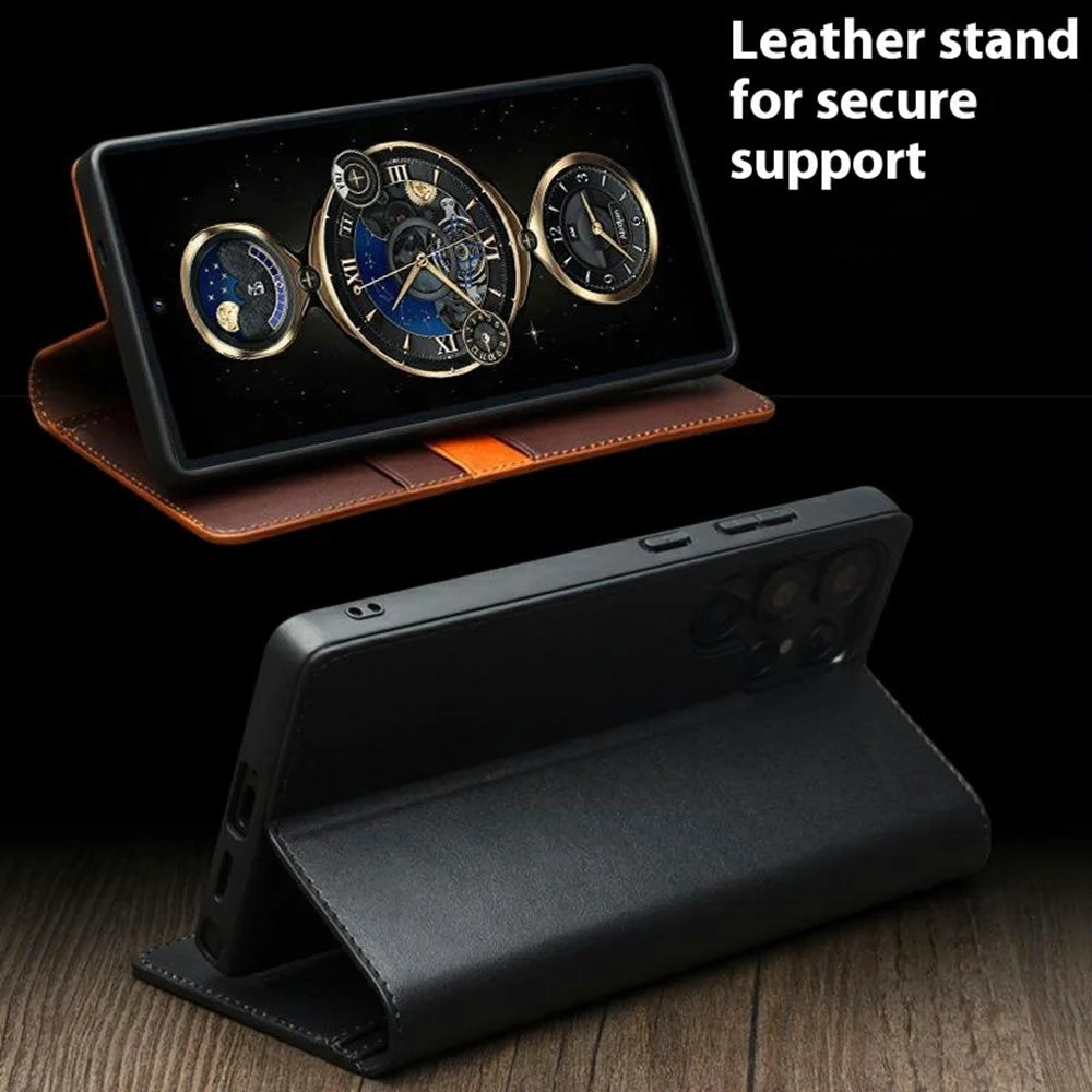 QIALINO For Samsung Galaxy S25 Ultra Case Wallet Flip Stand Phone Cover Genuine Cow Leather - Black - 6