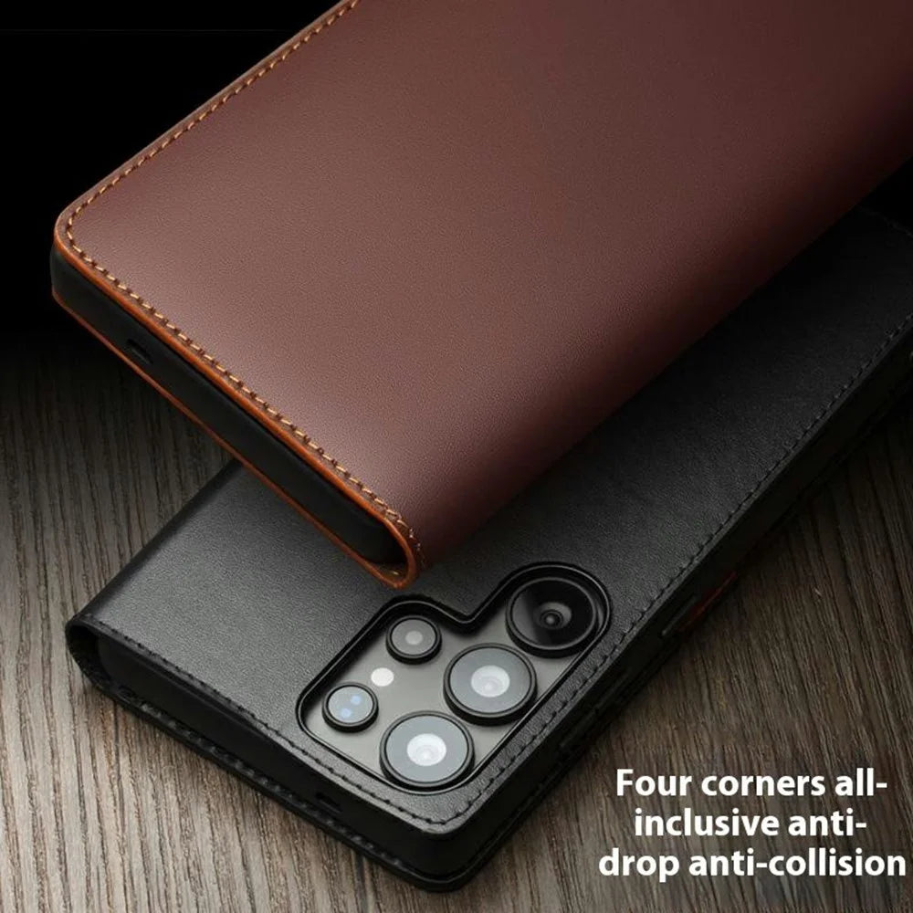 QIALINO For Samsung Galaxy S25 Ultra Case Wallet Flip Stand Phone Cover Genuine Cow Leather - Black - 7