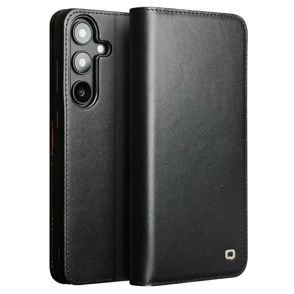 QIALINO For Samsung Galaxy S25+ Wallet Case Stand Genuine Cow Leather Flip Phone Cover - Black - 1