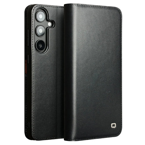 QIALINO For Samsung Galaxy S25+ Wallet Case Stand Genuine Cow Leather Flip Phone Cover - Black - 1