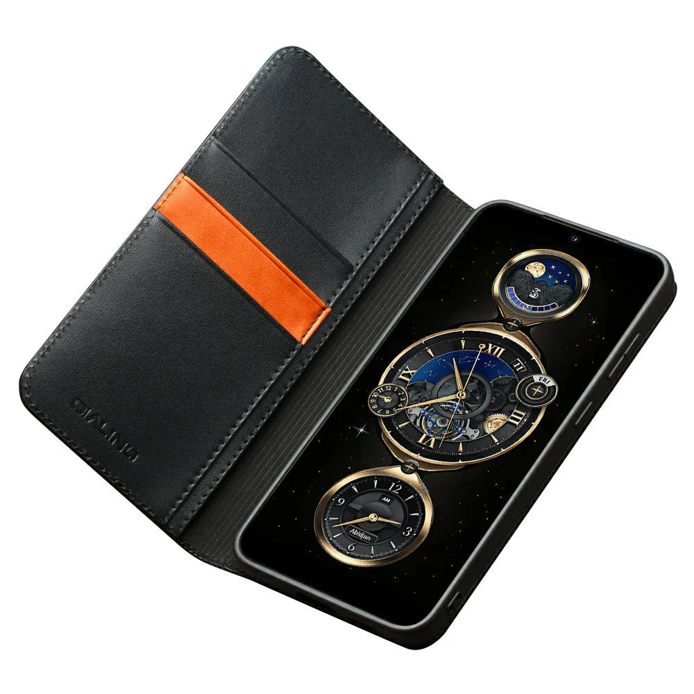 QIALINO For Samsung Galaxy S25+ Wallet Case Stand Genuine Cow Leather Flip Phone Cover - Black - 2