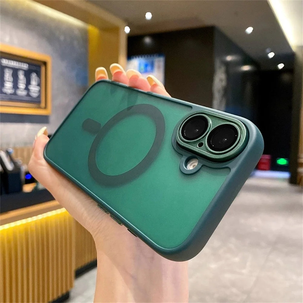For iPhone 16 Magnetic Case with Lens Film / Detachable Lens Frame Hybrid Phone Back Cover - Midnight Green - 3