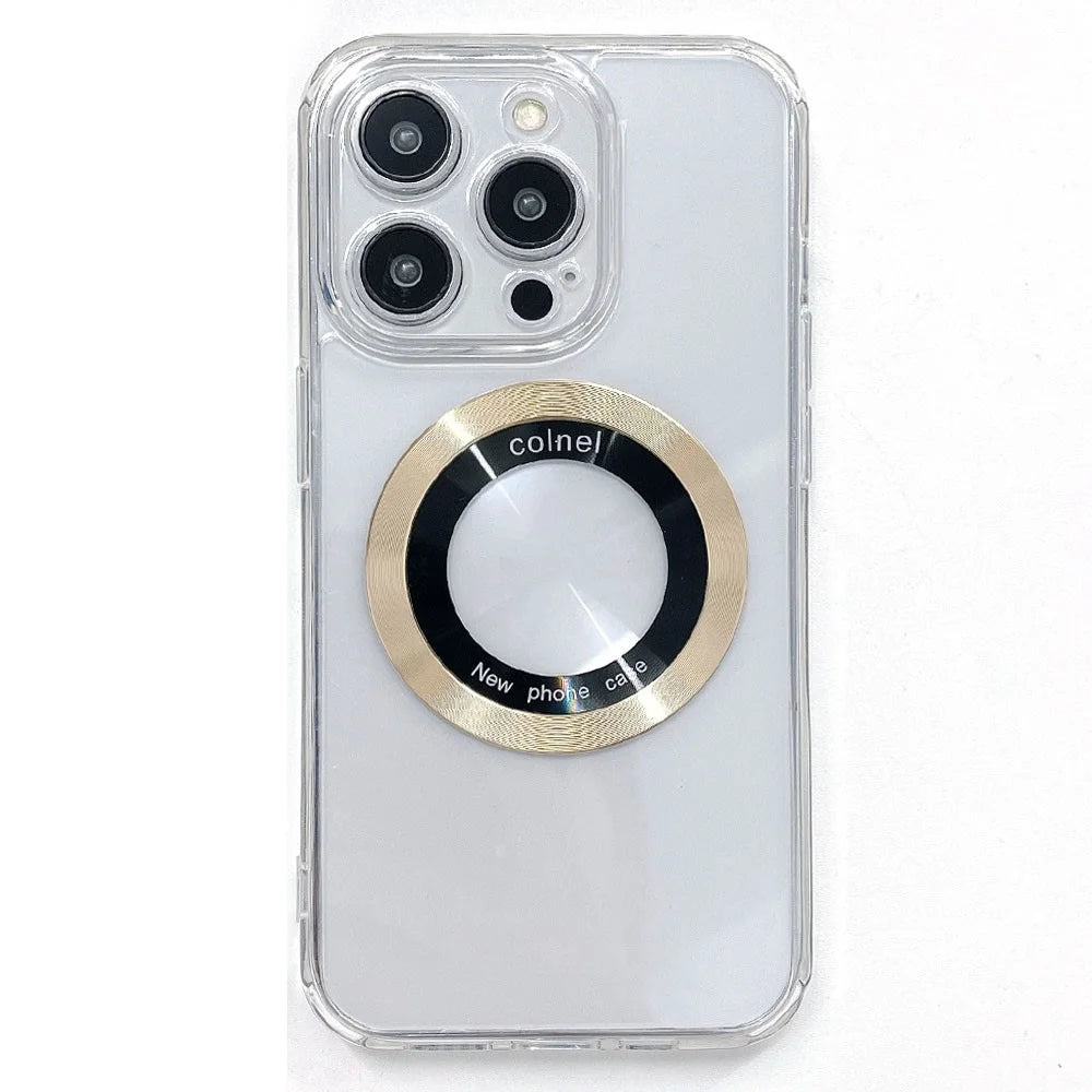 For iPhone 15 Pro Max Magnetic Case Clear Back Phone Cover TPU + PC with Ring Logo View - Gold - 1