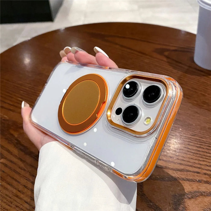 For iPhone 14 Pro Magnetic Case with Kickstand PC + TPU Clear Phone Back Cover - Orange - 1