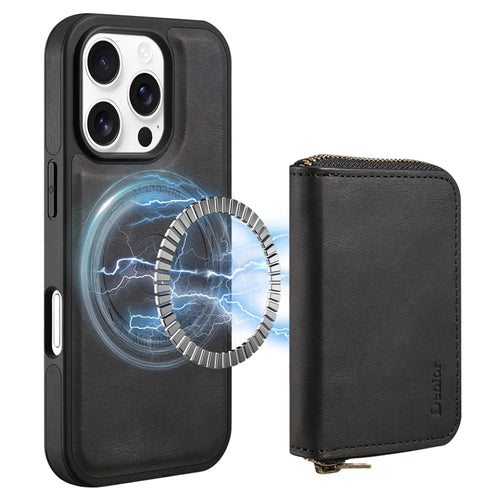 DENIOR For iPhone 16 Pro Case Skin Touch Leather Back Cover with Detachable Zipper Card Slot - Black - 1