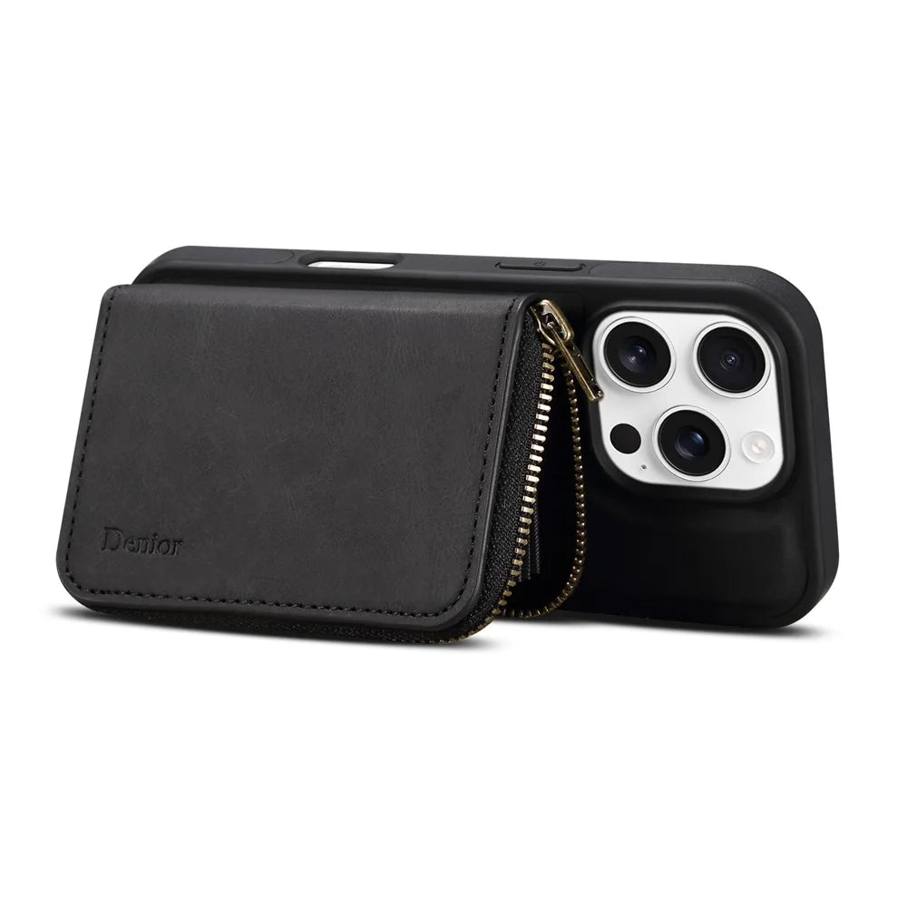 DENIOR For iPhone 16 Pro Case Skin Touch Leather Back Cover with Detachable Zipper Card Slot - Black - 6