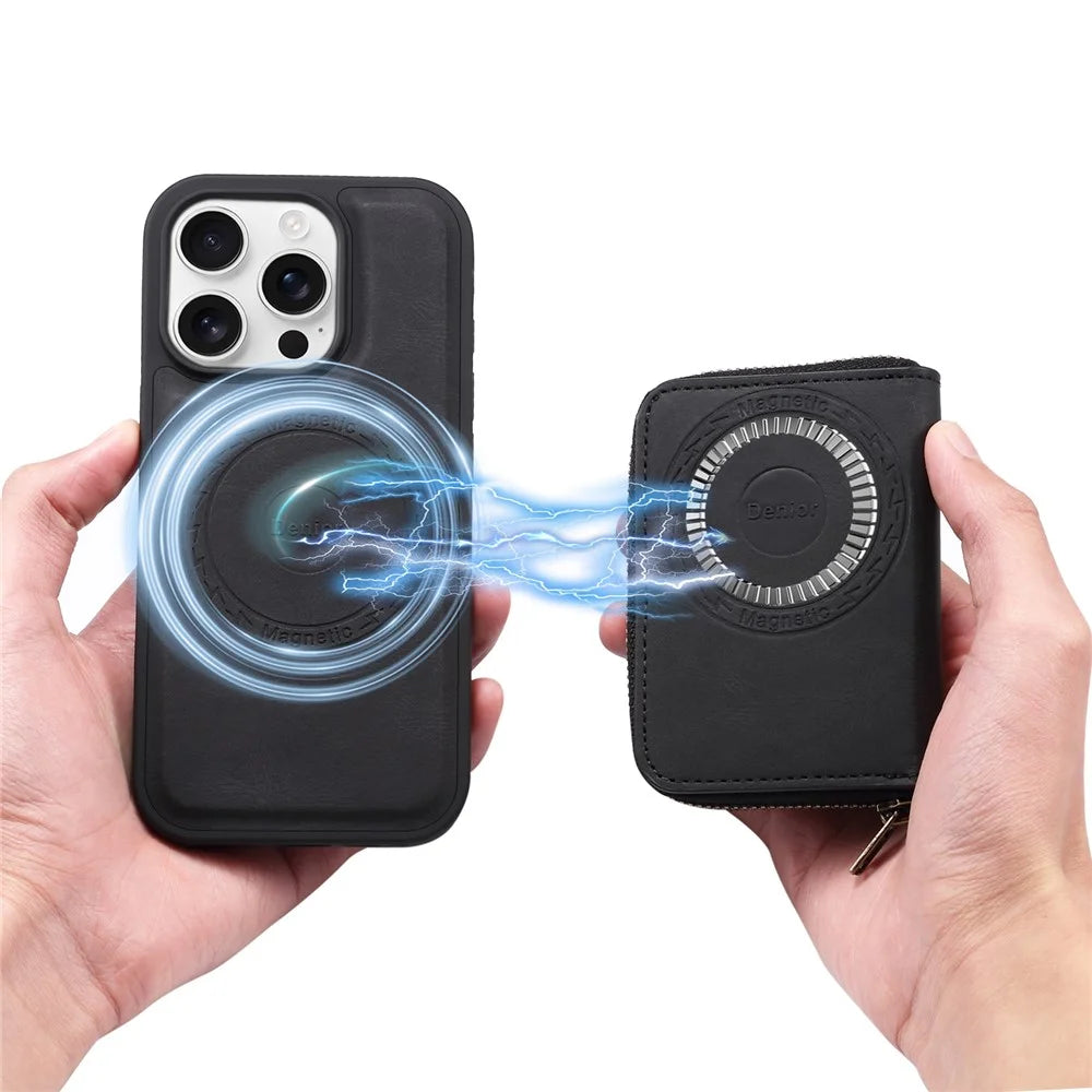 DENIOR For iPhone 16 Pro Max Case Skin Touch Leather Back Cover with Detachable Zipper Card Slot - Black - 2