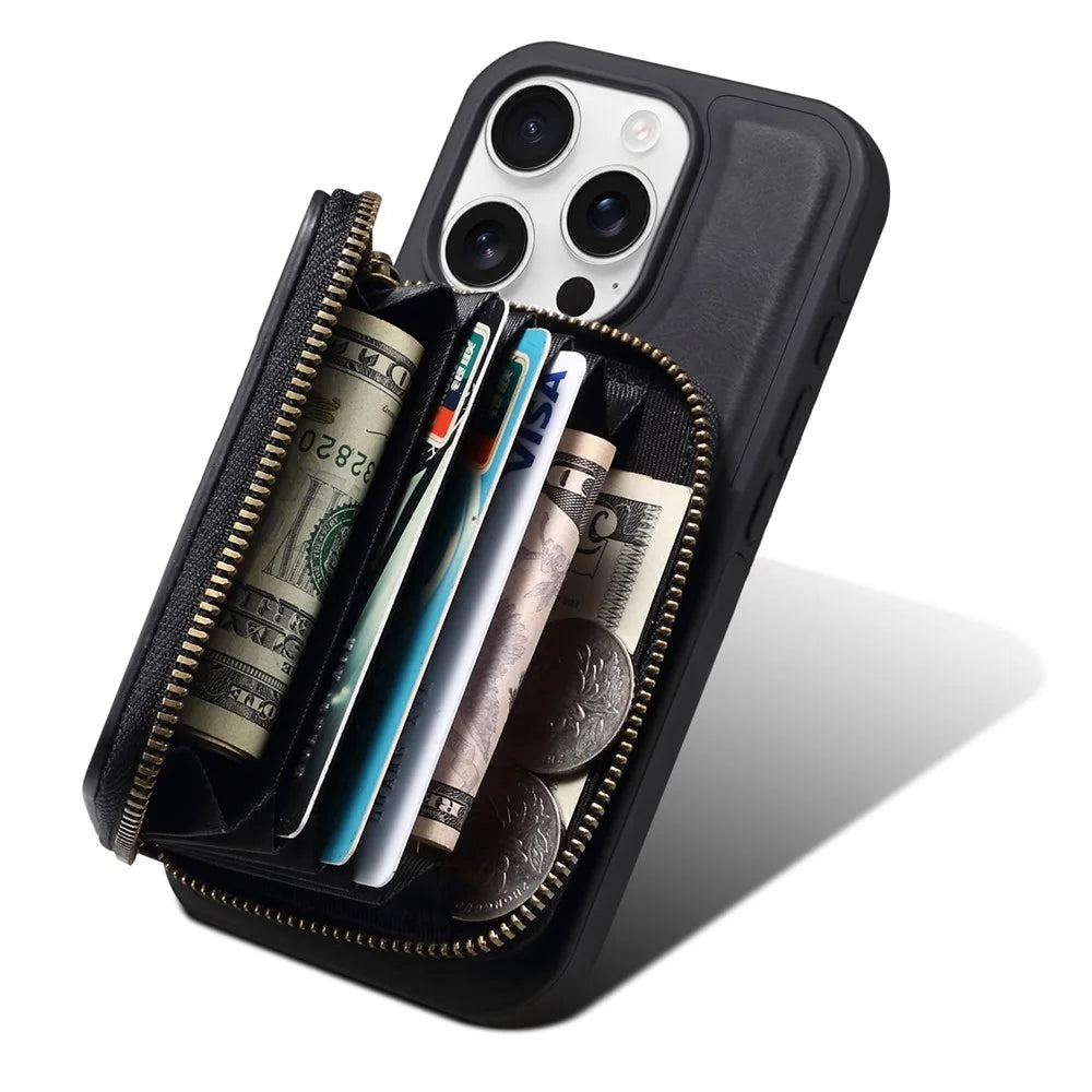 DENIOR For iPhone 16 Pro Max Case Skin Touch Leather Back Cover with Detachable Zipper Card Slot - Black - 5