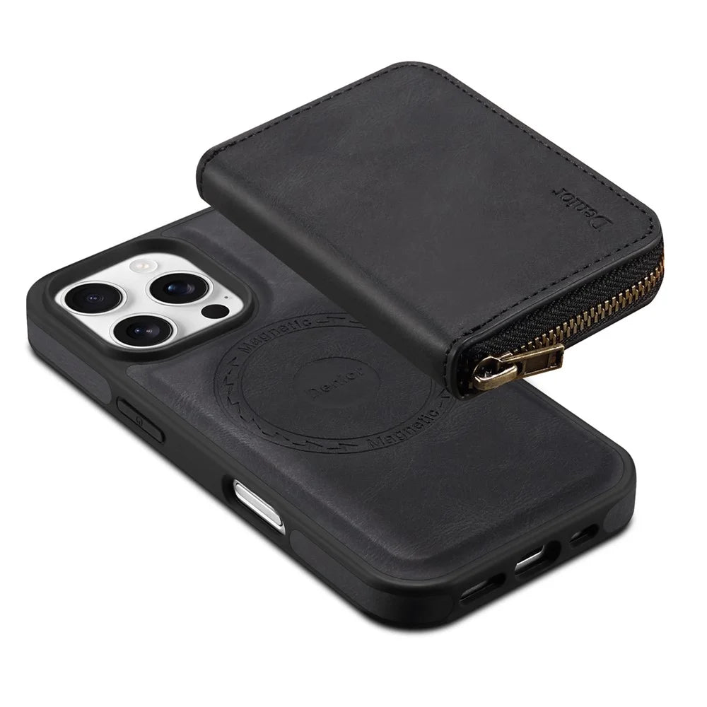 DENIOR For iPhone 16 Pro Max Case Skin Touch Leather Back Cover with Detachable Zipper Card Slot - Black - 7