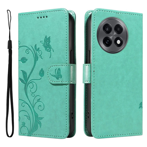For OnePlus 13R 5G / Ace 5 5G / 5 Pro 5G PU Leather Cases Flower Pattern Wallet Stand Phone Cover with Strap - Green - 1