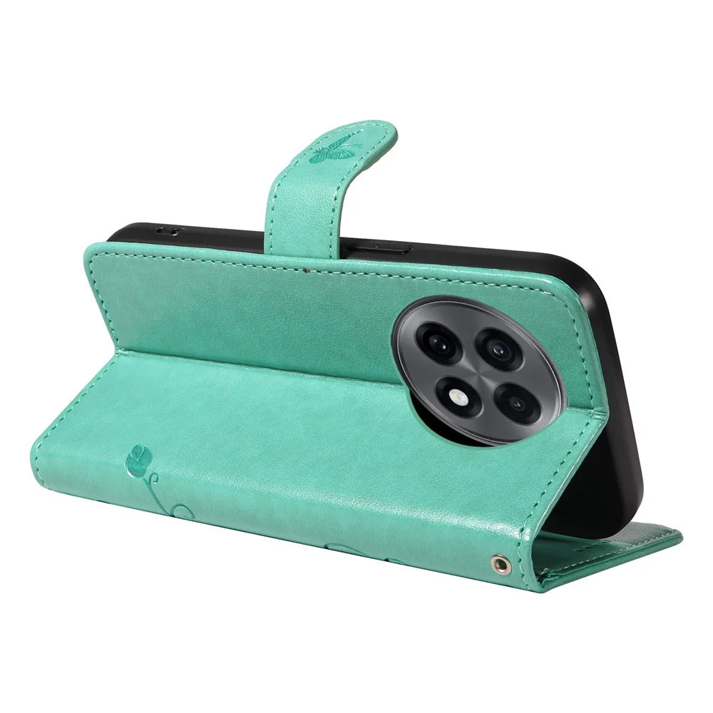 For OnePlus 13R 5G / Ace 5 5G / 5 Pro 5G PU Leather Cases Flower Pattern Wallet Stand Phone Cover with Strap - Green - 4