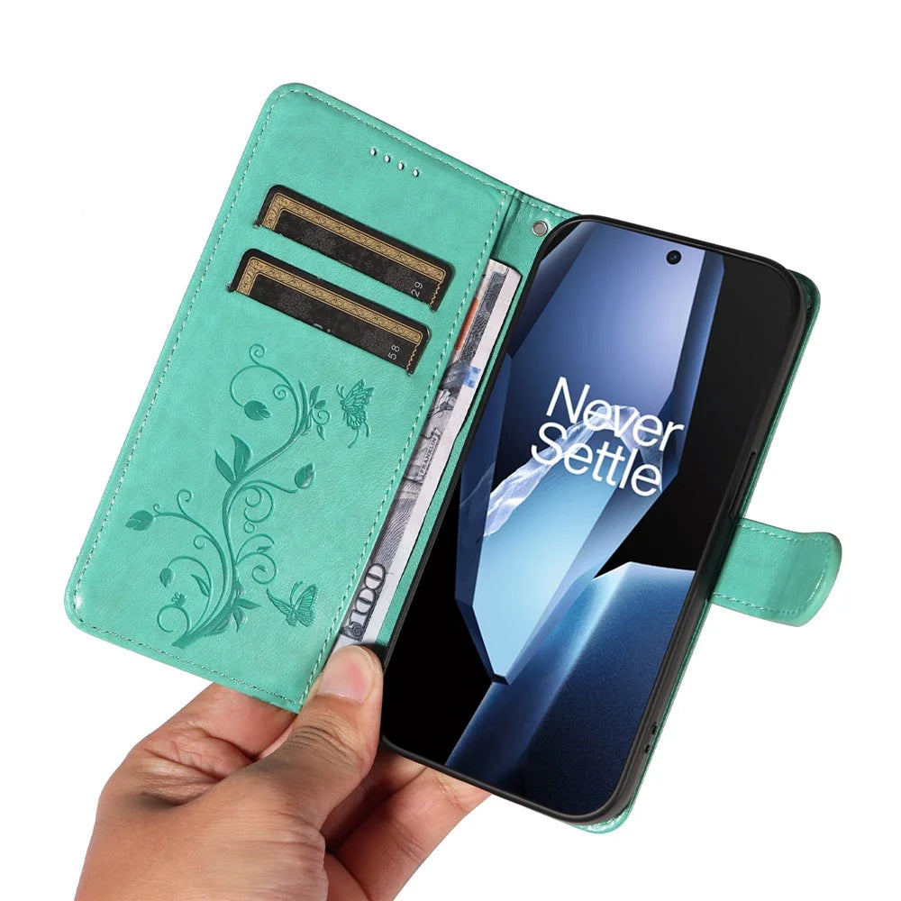 For OnePlus 13R 5G / Ace 5 5G / 5 Pro 5G PU Leather Cases Flower Pattern Wallet Stand Phone Cover with Strap - Green - 5