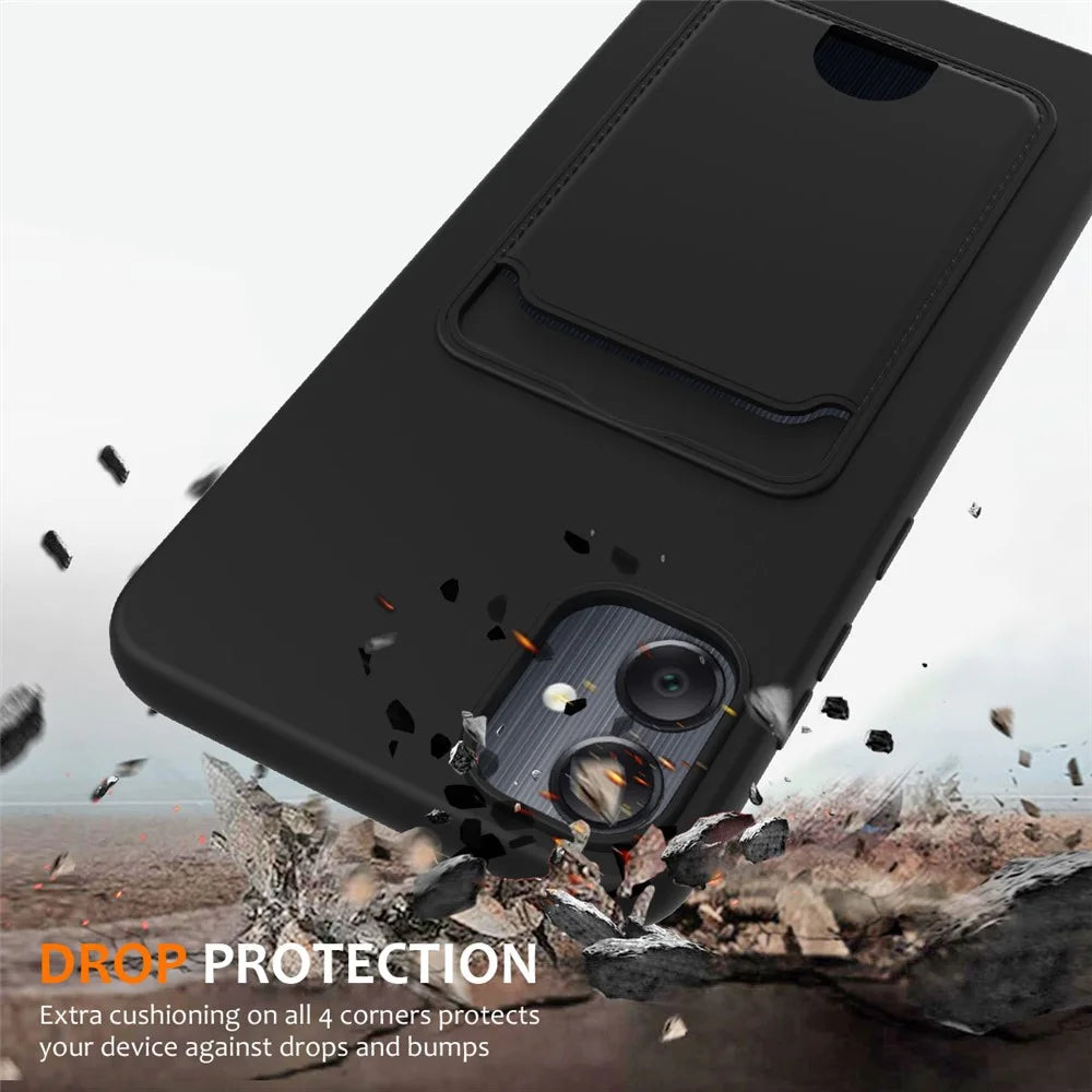 For Samsung Galaxy F05 / Galaxy M05 4G Liquid Silicone Case with Card Holder and Lanyard Back Phone Cover - Black - 2