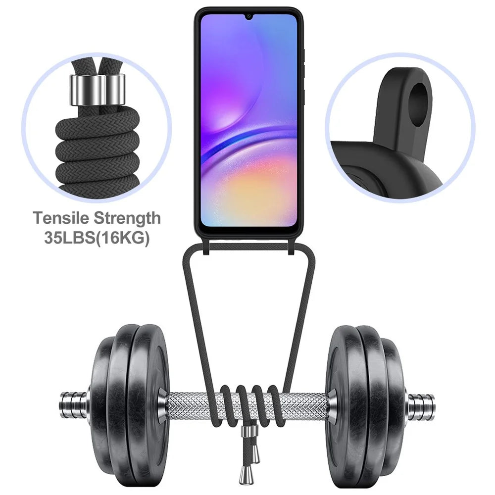 For Samsung Galaxy F05 / Galaxy M05 4G Liquid Silicone Case with Card Holder and Lanyard Back Phone Cover - Black - 6