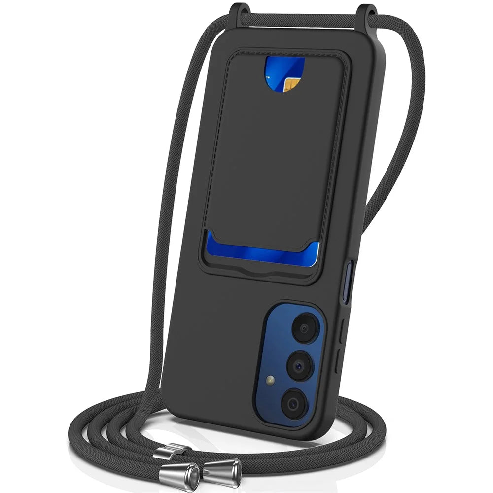 For Samsung Galaxy M14 4G Liquid Silicone Case with Card Holder and Lanyard Back Phone Cover - Black - 1