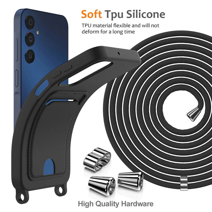For Samsung Galaxy M14 4G Liquid Silicone Case with Card Holder and Lanyard Back Phone Cover - Black - 7