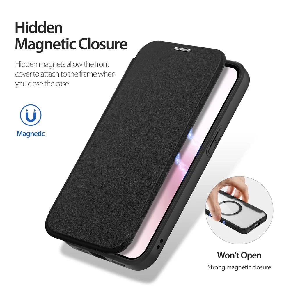 DUX DUCIS For iPhone 17e / 16e Leather Case  Skin X Pro Series Flip Cover Compatible with MagSafe - Black - 7