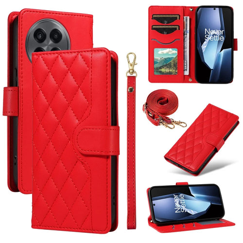 For OnePlus 13R 5G / Ace 5 5G / 5 Pro 5G Wallet Case Rhombus Leather Phone Cover with Strap -  Red - 1