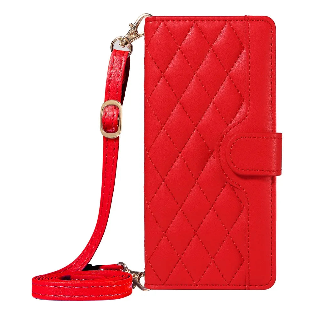 For OnePlus 13R 5G / Ace 5 5G / 5 Pro 5G Wallet Case Rhombus Leather Phone Cover with Strap -  Red - 2