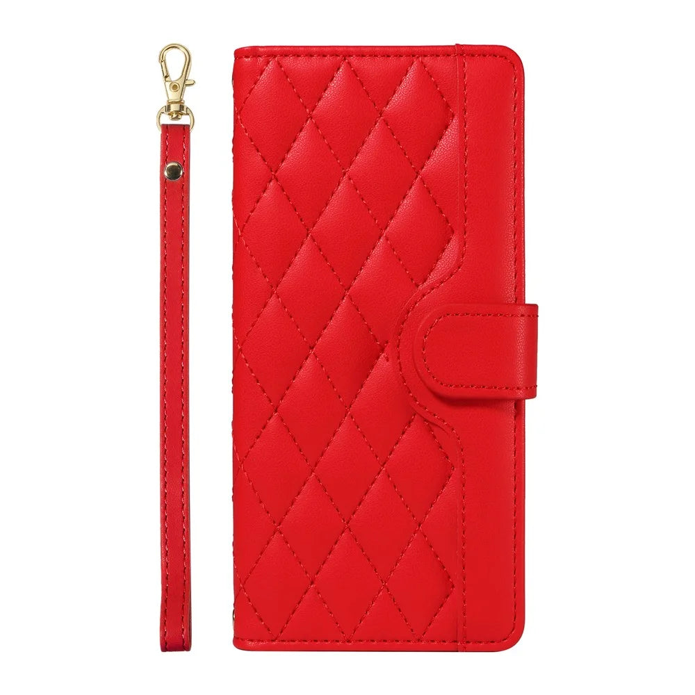 For OnePlus 13R 5G / Ace 5 5G / 5 Pro 5G Wallet Case Rhombus Leather Phone Cover with Strap -  Red - 3