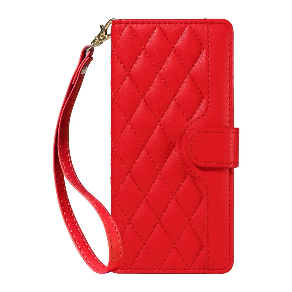 For OnePlus 13R 5G / Ace 5 5G / 5 Pro 5G Wallet Case Rhombus Leather Phone Cover with Strap -  Red - 4