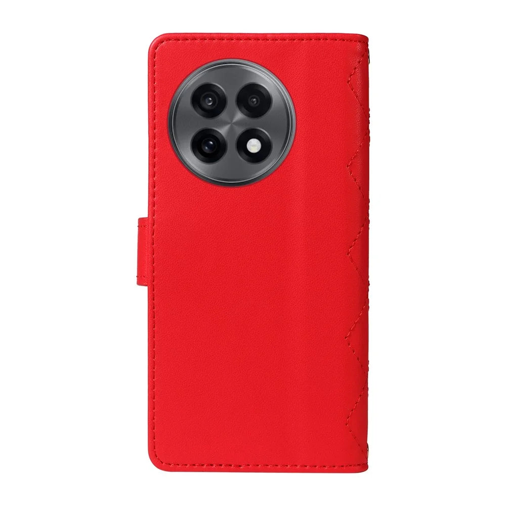 For OnePlus 13R 5G / Ace 5 5G / 5 Pro 5G Wallet Case Rhombus Leather Phone Cover with Strap -  Red - 5