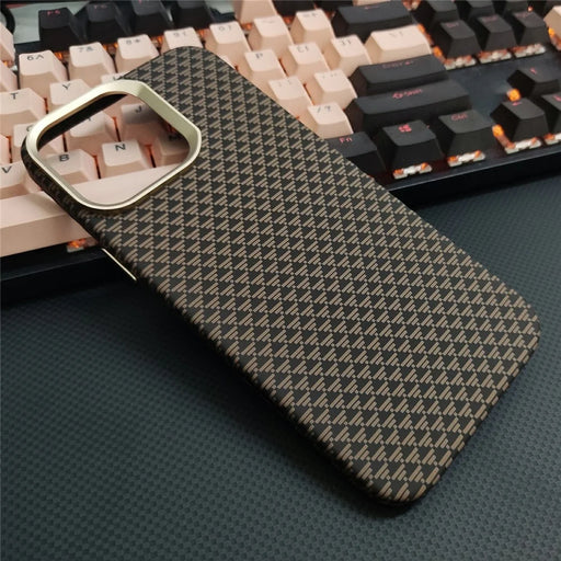 GKK For iPhone 16 Pro Magnetic Case with Metal Lens Frame Hard PC Phone Back Cover Carbon Fiber Texture - Gold - 1