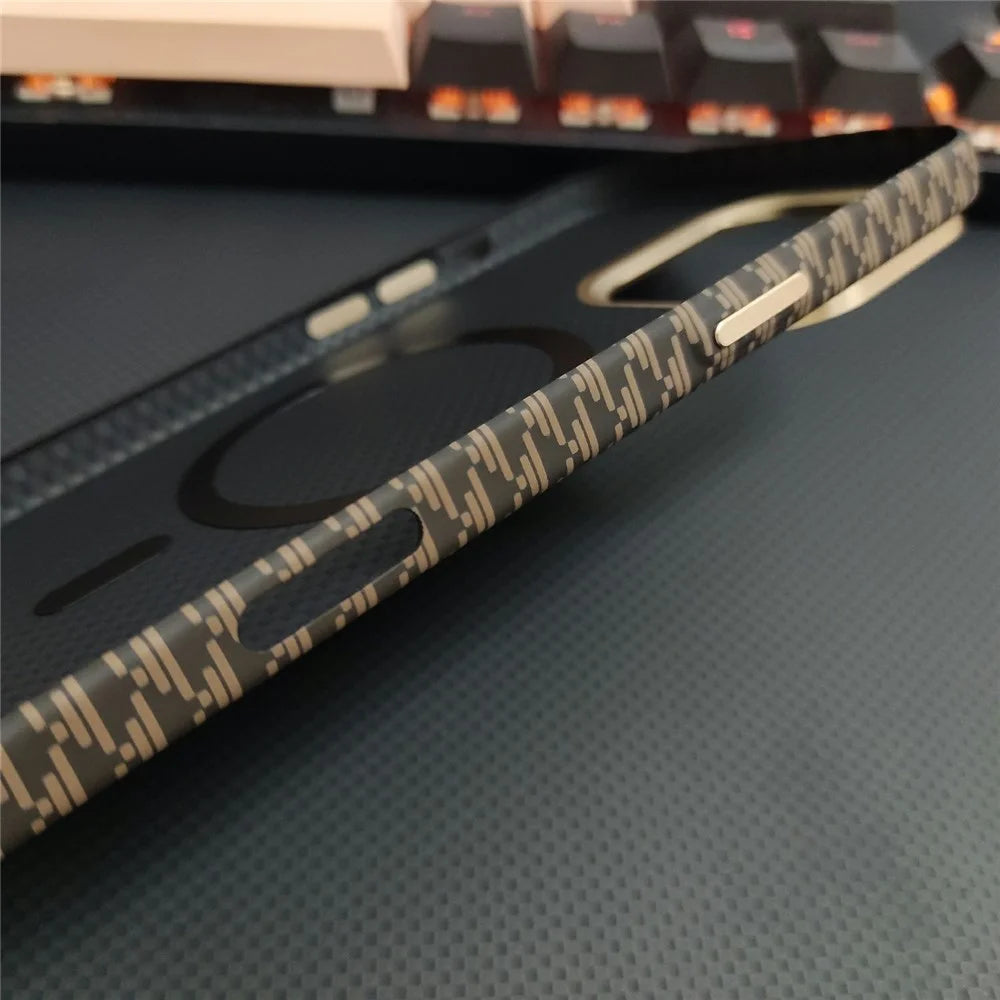 GKK For iPhone 16 Pro Magnetic Case with Metal Lens Frame Hard PC Phone Back Cover Carbon Fiber Texture - Gold - 2
