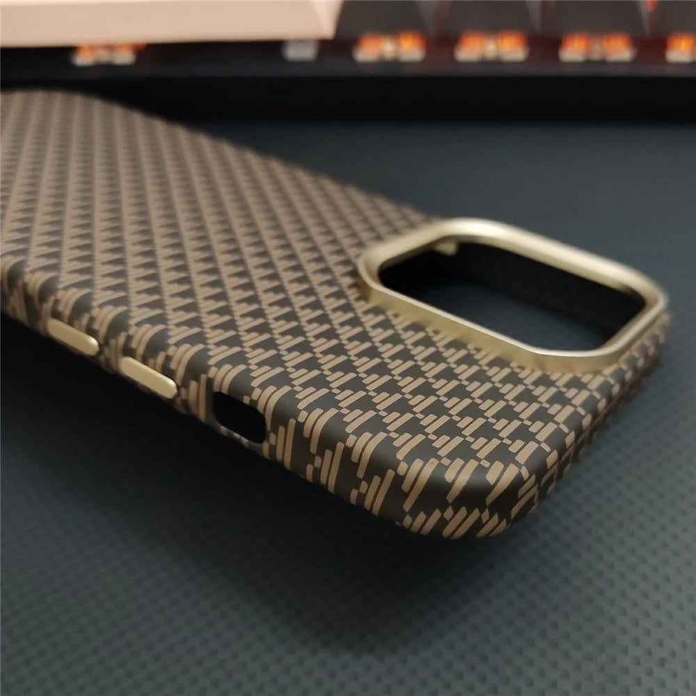 GKK For iPhone 16 Pro Magnetic Case with Metal Lens Frame Hard PC Phone Back Cover Carbon Fiber Texture - Gold - 3