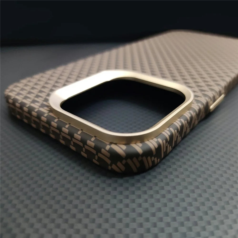 GKK For iPhone 16 Pro Magnetic Case with Metal Lens Frame Hard PC Phone Back Cover Carbon Fiber Texture - Gold - 4