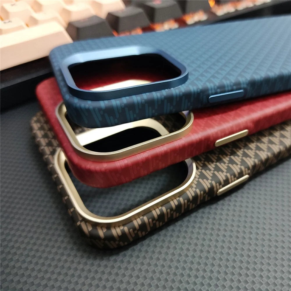 GKK For iPhone 16 Pro Magnetic Case with Metal Lens Frame Hard PC Phone Back Cover Carbon Fiber Texture - Gold - 6