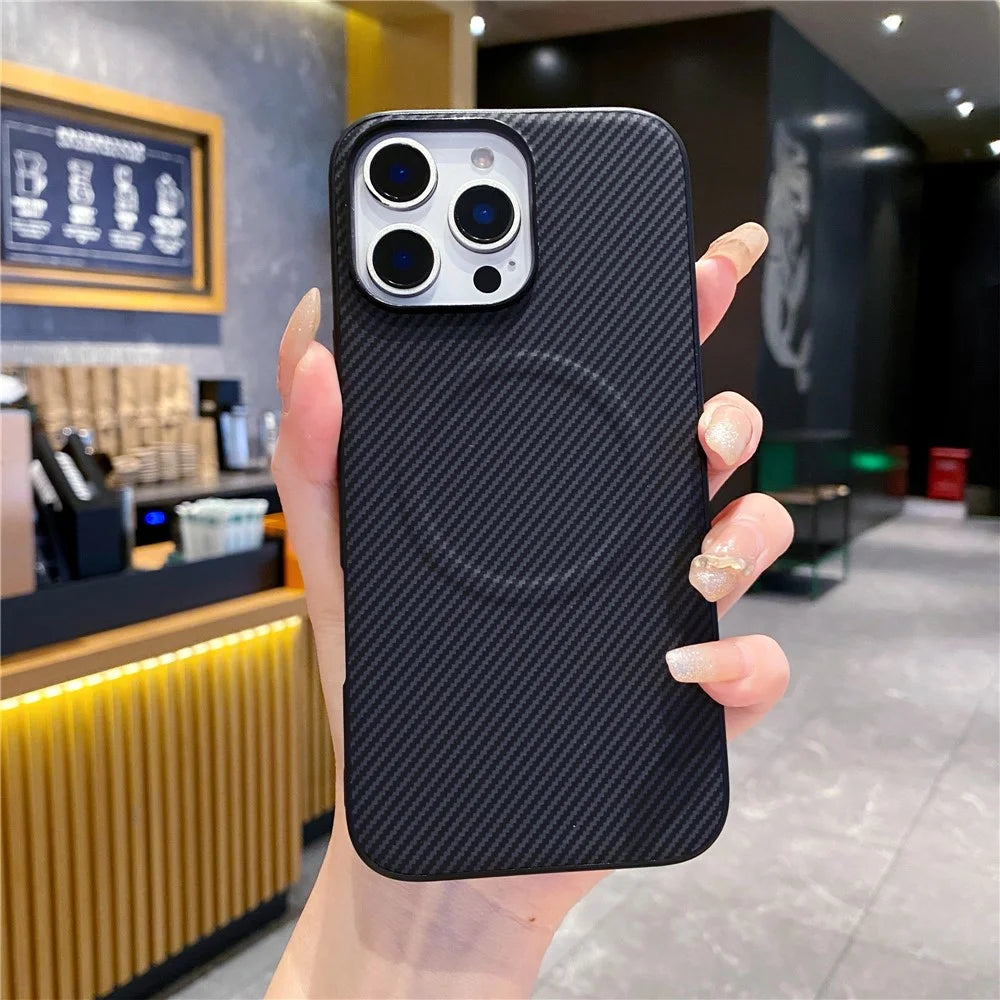 For iPhone 16 Pro Max Case Compatible with MagSafe Carbon Fiber Texture Leather + PC Phone Cover - Black - 2
