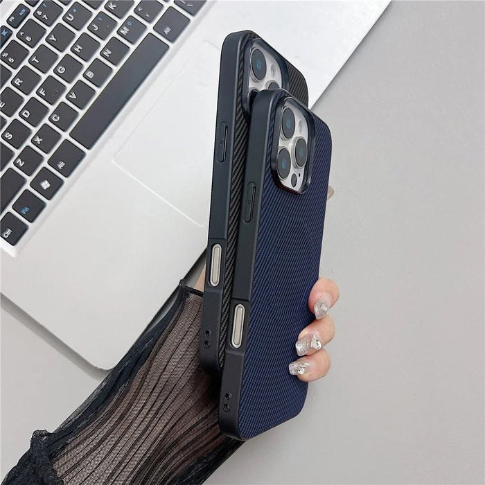 For iPhone 16 Pro Case Compatible with MagSafe Carbon Fiber Texture Leather + PC Phone Cover - Blue - 4