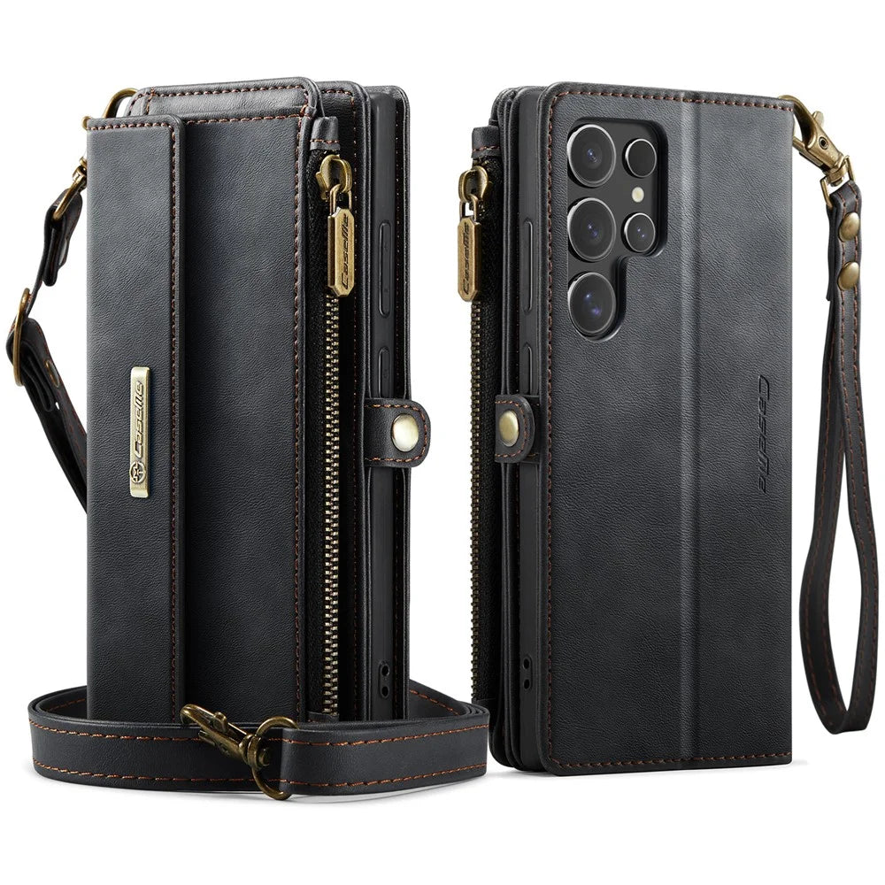CASEME C39 Series For Samsung Galaxy S25 Ultra Case RFID Blocking 9 Card Slots Zipper Wallet Stand Leather Cover with Strap - Black - 2