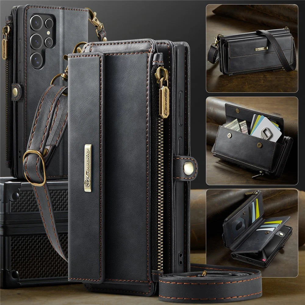 CASEME C39 Series For Samsung Galaxy S25 Ultra Case RFID Blocking 9 Card Slots Zipper Wallet Stand Leather Cover with Strap - Black - 5
